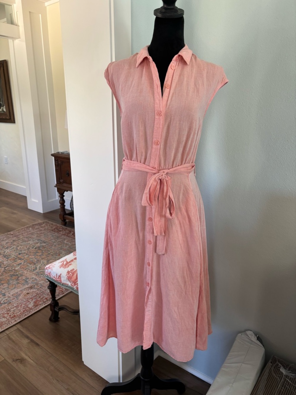 Joules Blush Pink Button-Front Tie-Waist linen blend Midi Dress 6